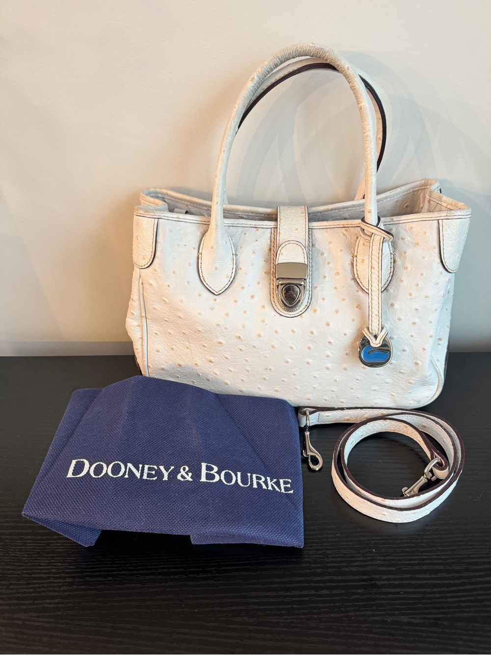 Dooney & Bourke White Ostrich-Embossed Leather Satchel with Detachable Strap